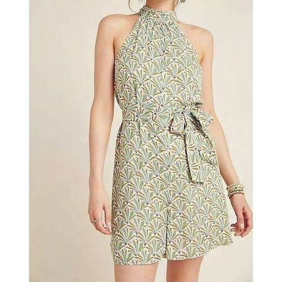 Anthropologie Pants - Anthropologie Maddie high-neck halter romper in a green palm/fern Size M VGUC